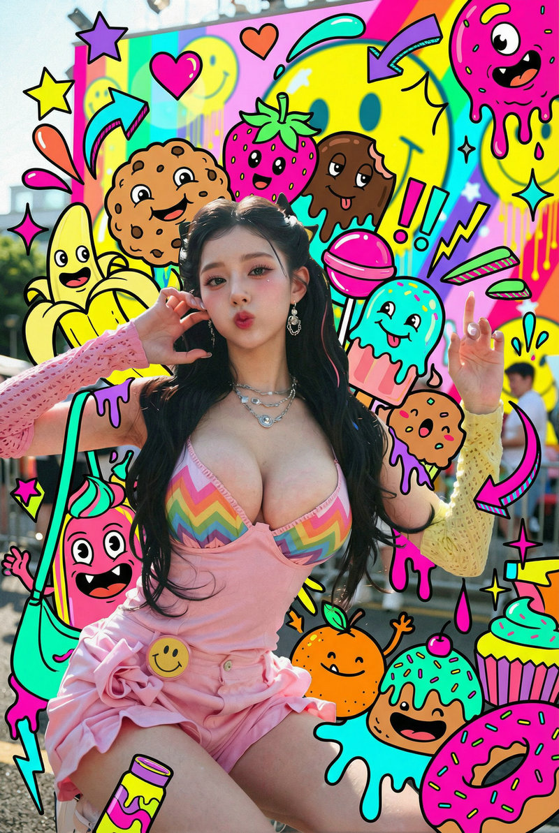 AI Girl's Photo #1: Maximalist Pop-Art with Sweets Monsters