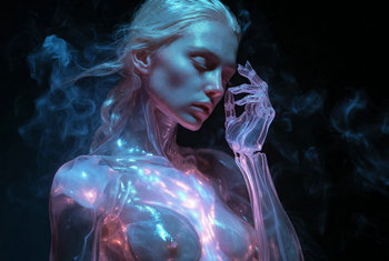 Prompt:Crystal Core: The Cyberpunk Fantasy of a Glass Woman