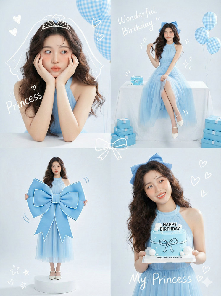 In the world of AI image generation, creating a single cohesive portrait is one skill, but orchestrating a stylistically unified multi-panel narrative is an art of its own. Today's prompt is a masterclass in constructing such a narrative. It moves beyond a single image to craft a complete visual concept—a four-panel birthday photoshoot for a Korean idol, where each quadrant is a carefully directed scene that contributes to a whole greater than the sum of its parts.  The Core Prompt: A Director's Grid Plan  Generate a stylized, multi-panel image in a 2x2 grid format. The overall aesthetic is Korean Idol Studio Portrait style with a soft, high-key lighting setup and a dominant pastel blue color palette. Integrate white hand-drawn doodle and text overlays (like crayon or chalk) throughout the image for a playful, mixed-media feel. The subject is a young, fresh, and elegant 18-year-old Asian woman.  Overall Styling:  Hair: Long, dark brown hair in voluminous loose waves, styled half-up or with a large blue ribbon accessory.  Outfit: An elegant baby blue sleeveless halter-neck dress with a flowing chiffon or tulle skirt.  Makeup: Fresh, dewy skin with peach/pink blush, glossy lips, and defined eyelashes in the classic idol makeup style.  Panel Breakdown (2x2 Grid):  1. Top-Left Panel - The Dreamy Close-up: A close-up portrait. She leans her elbows on a white surface, face resting gently in her palms (a 