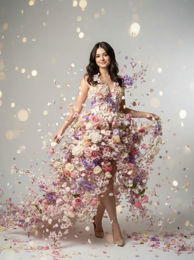 AI Pretty Girl in Bloom: Dream Flower Petal Gown