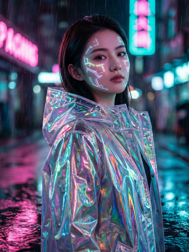 AI Pretty Girl in Cyberpunk Rain: Neon Holographic Coat