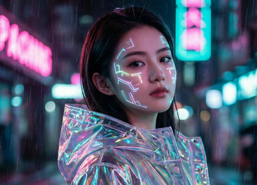 AI Pretty Girl in Cyberpunk Rain: Neon Holographic Coat
