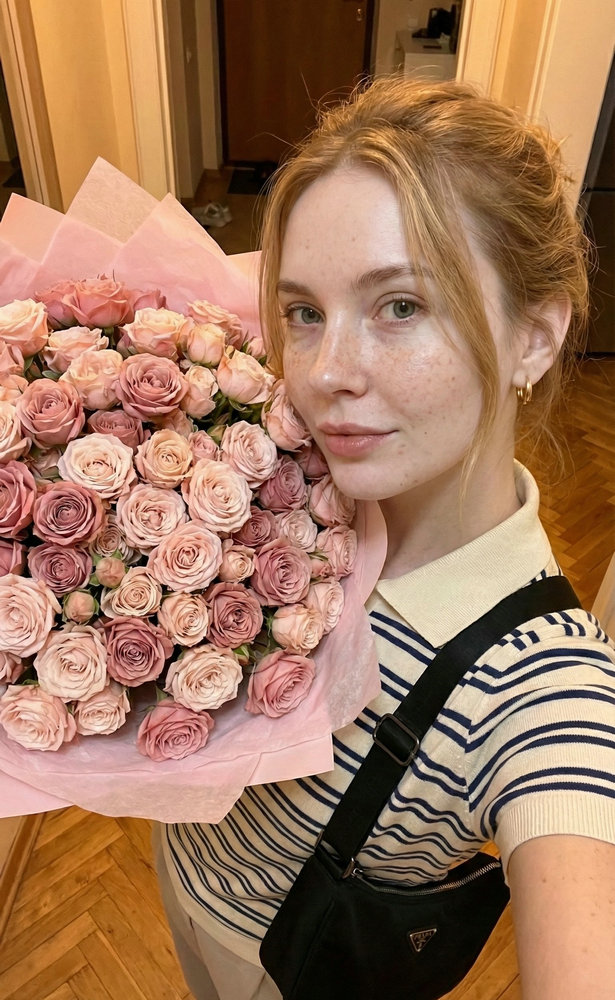 AI Pretty Girl with Bouquet: Grateful Golden Hour Selfie 
