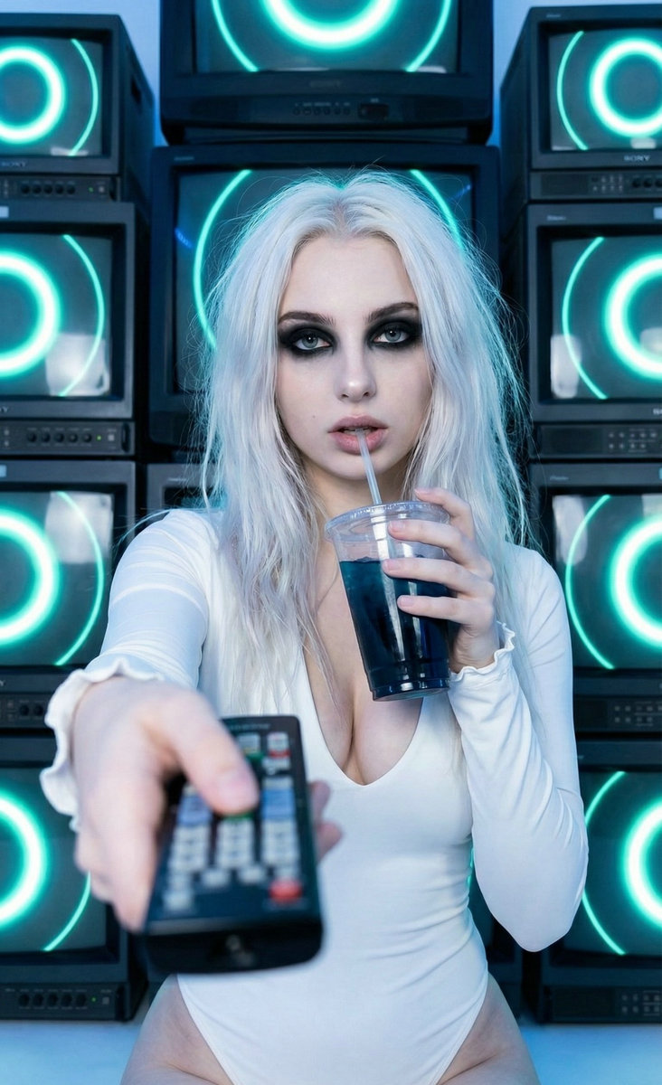 AI Pretty Girl Cyber-Goth: CRT TV Room