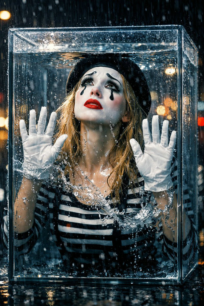AI Pretty Girl Mime: Underwater Glass Box Portrait