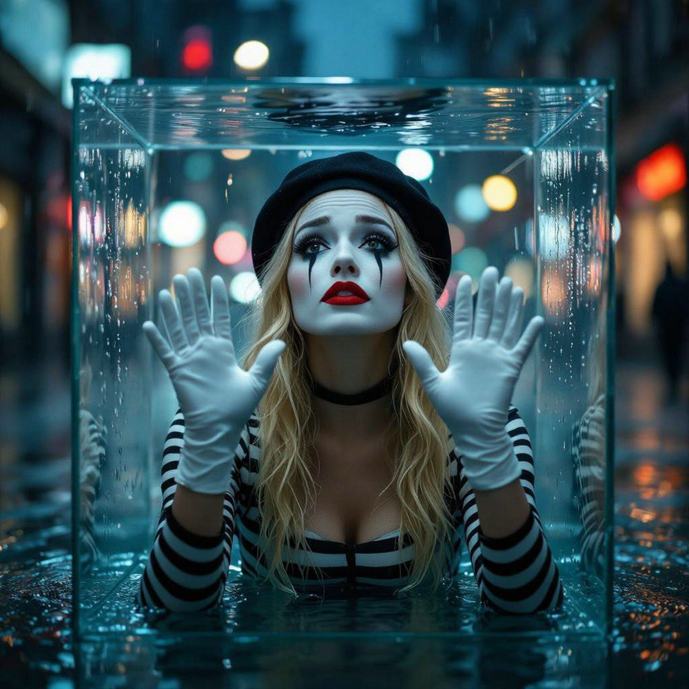 AI Pretty Girl Mime: Underwater Glass Box Portrait 2