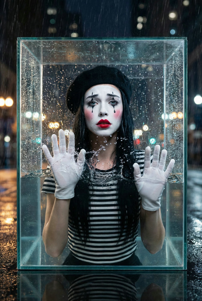 AI Pretty Girl Mime: Underwater Glass Box Portrait 3