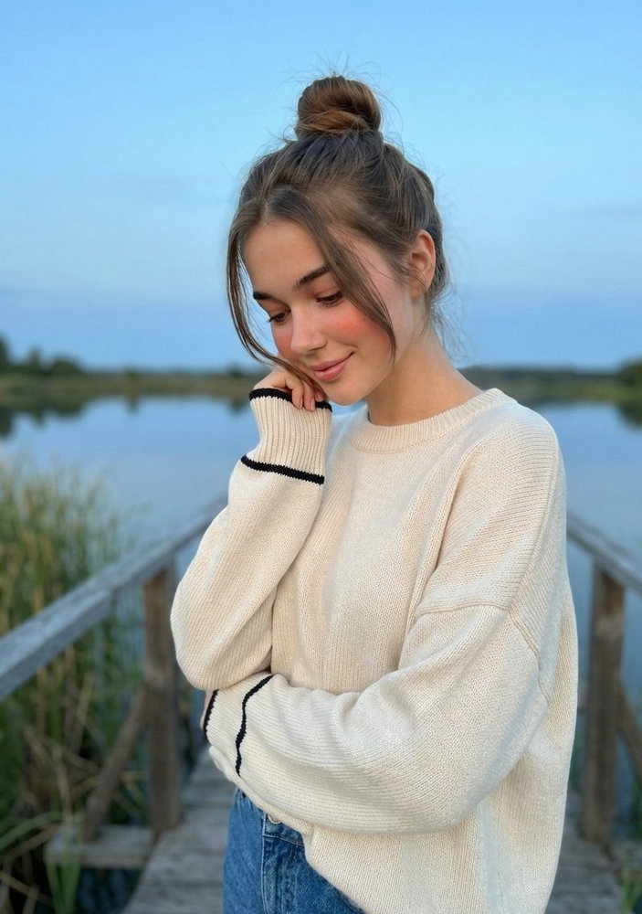 AI Pretty Girl: Blue Hour Lake Portrait