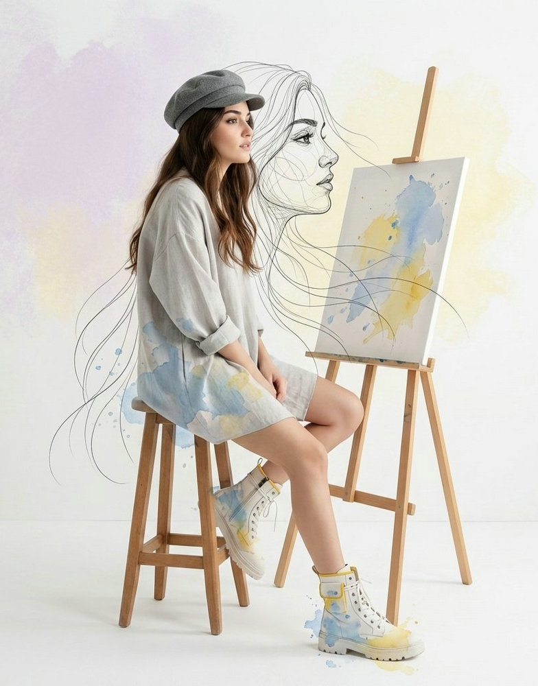 AI Pretty Girl Artist: Mixed Media Portrait