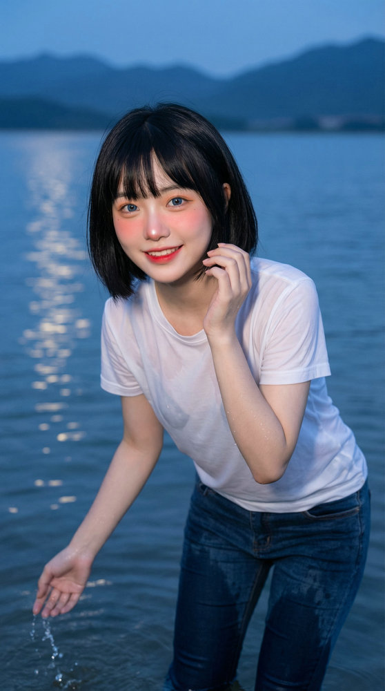 AI Pretty Girl Kawaii: Night Water Portrait