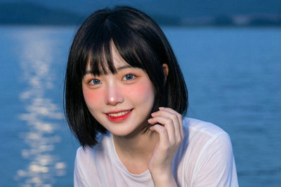 AI Asian Pretty Girl Kawaii: Night Water Portrait
